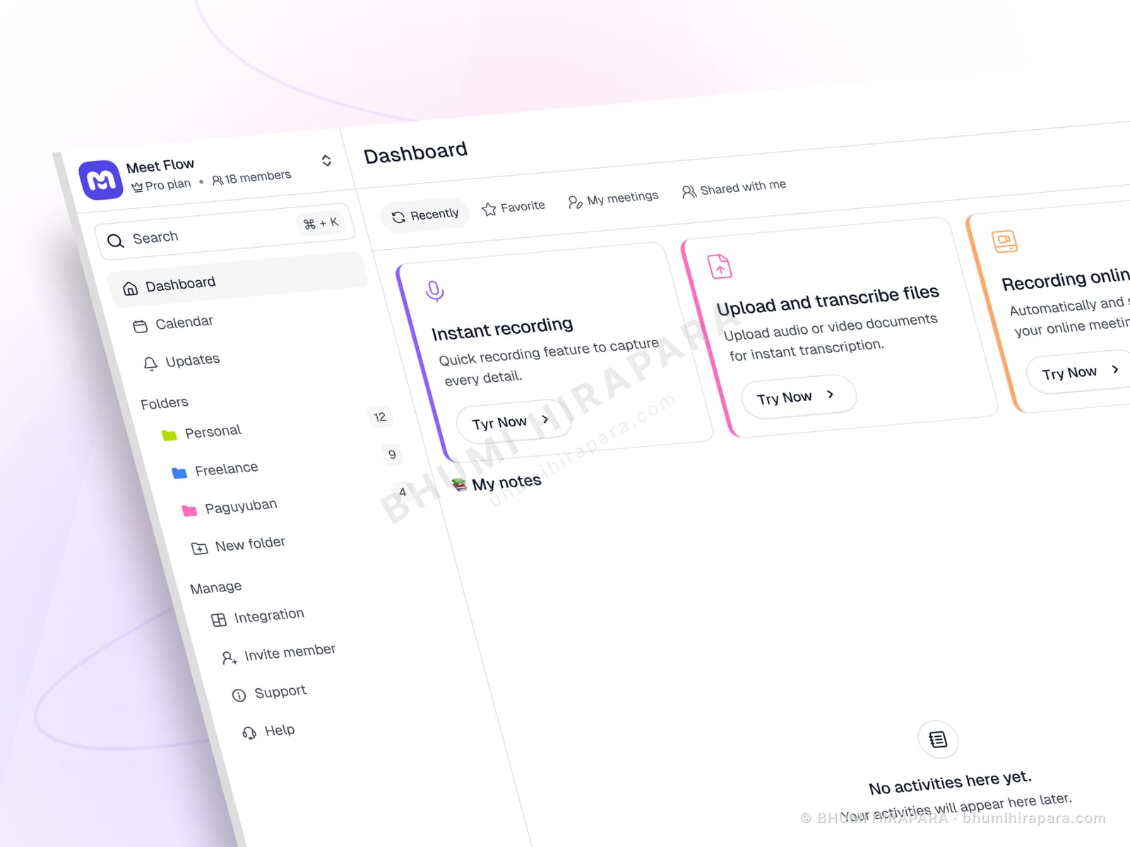 Meet Flow dashboard with instant recording, upload and screen recording cards