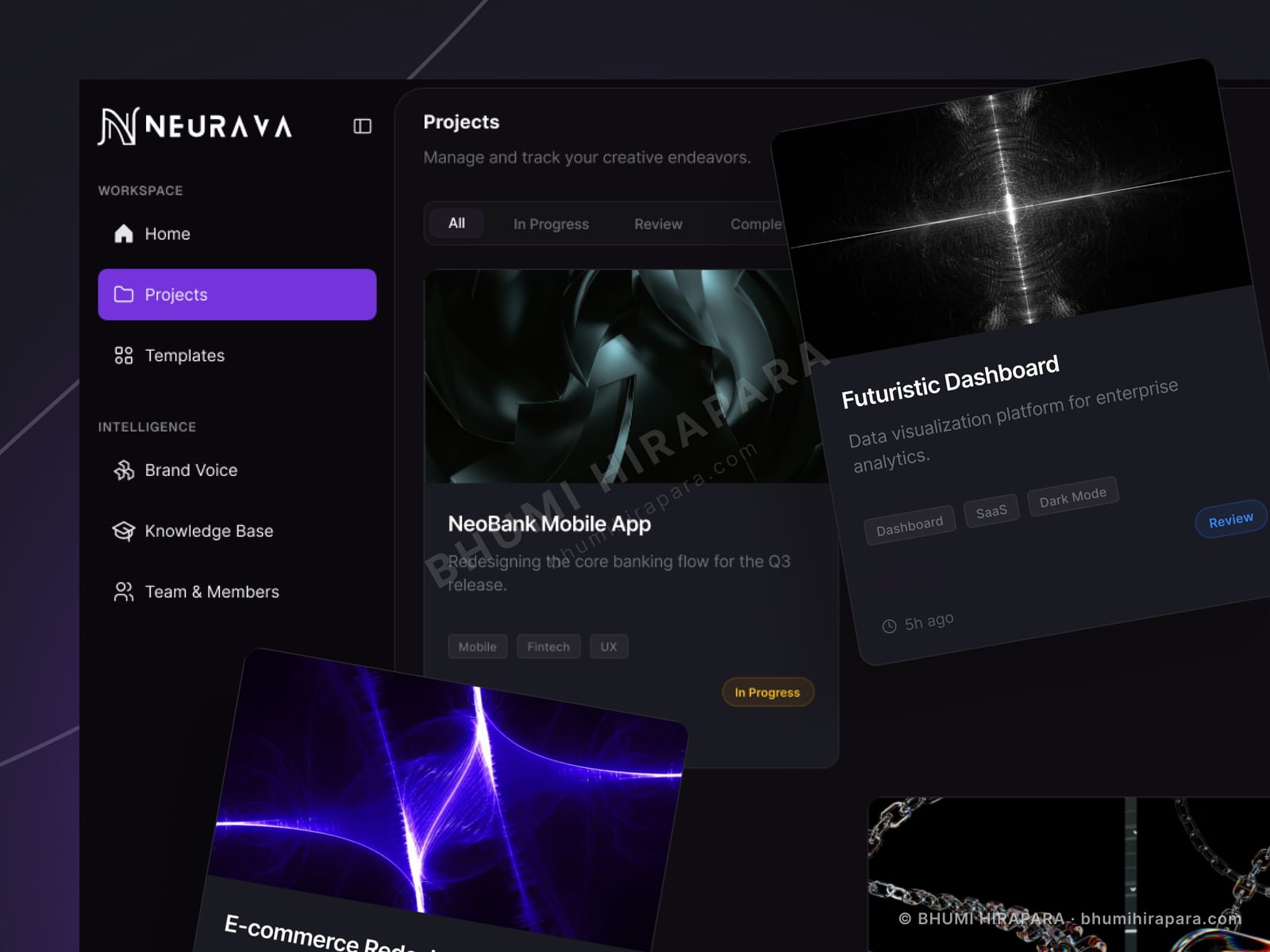 Neurava AI workspace dashboard with curated starting points and recent activity